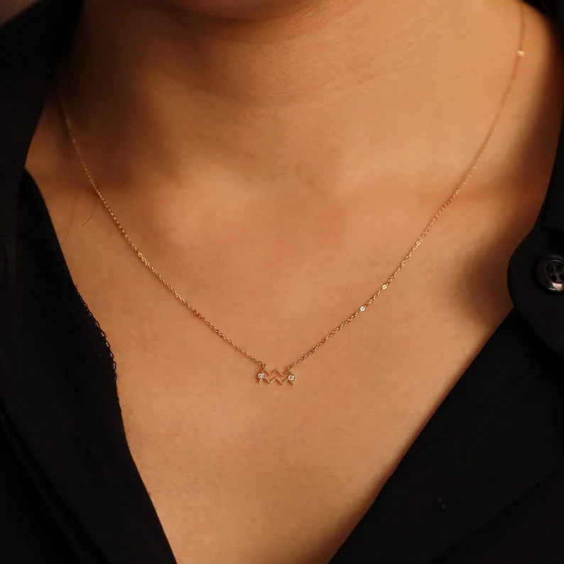 Aquarius Zodiac Sign Diamond Necklace, Aquarius Necklace, Aquarius Pendant, Diamond Zodiac Pendant Necklace, Zodiac Horoscope Constellation