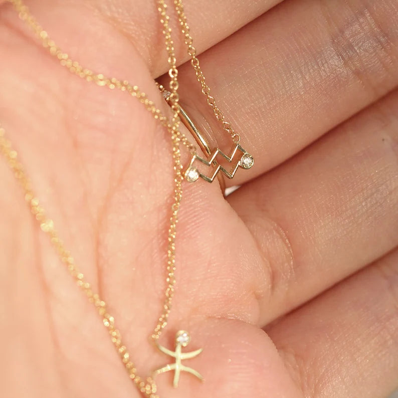 Aquarius Zodiac Sign Diamond Necklace, Aquarius Necklace, Aquarius Pendant, Diamond Zodiac Pendant Necklace, Zodiac Horoscope Constellation