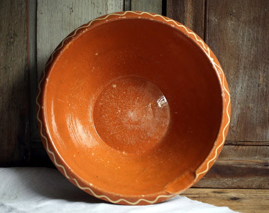 Large Antique Jatte Provencal Glazed Terracotta Confit Bowl French Vintage Mixing Dough Bowl