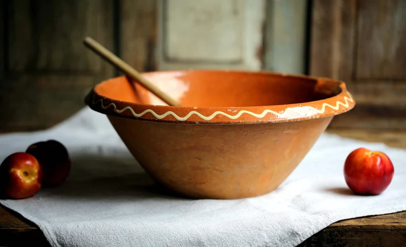 Large Antique Jatte Provencal Glazed Terracotta Confit Bowl French Vintage Mixing Dough Bowl